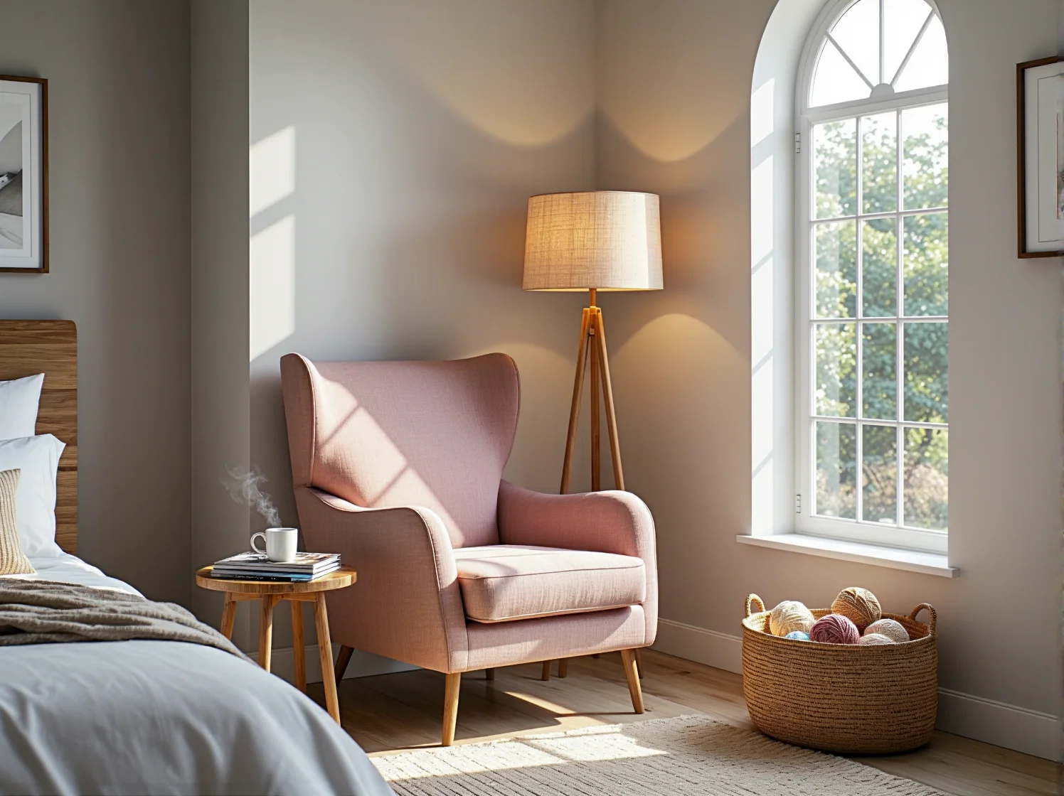 Pastelowe dodatki w skandynawskiej sypialni – różowy koc i szare poduszki na łóżku.