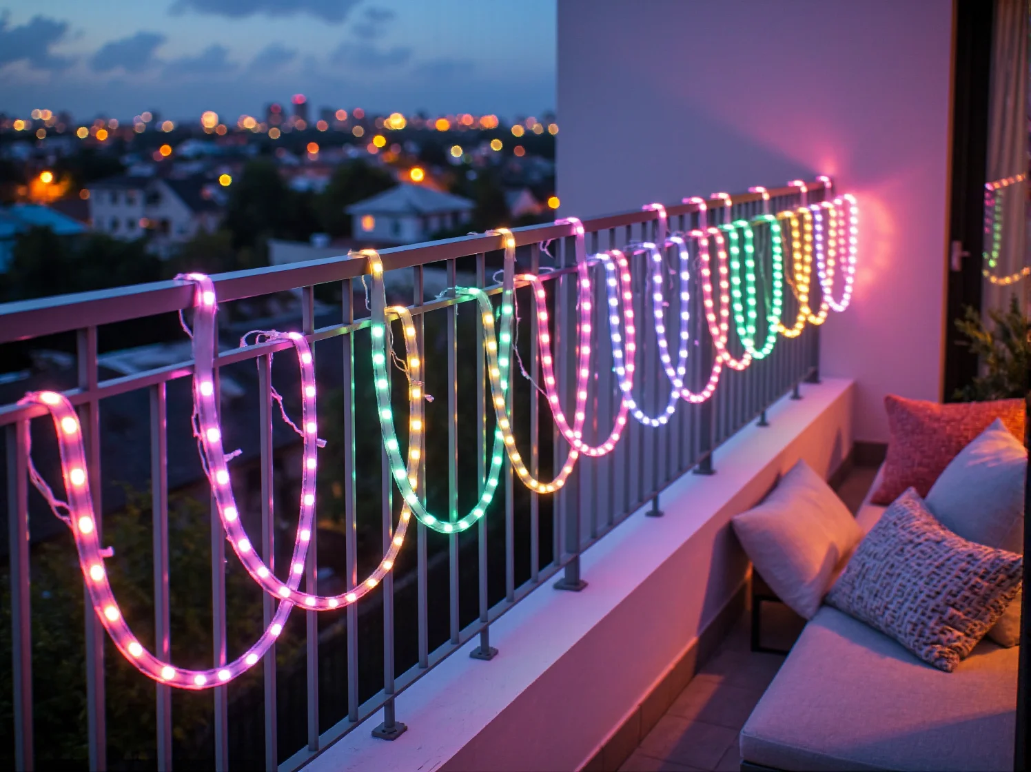 Aranżacja balkonu w stylu glamour nocą, gdzie pastelowe światła LED tworzą przytulną i luksusową atmosferę do wypoczynku.