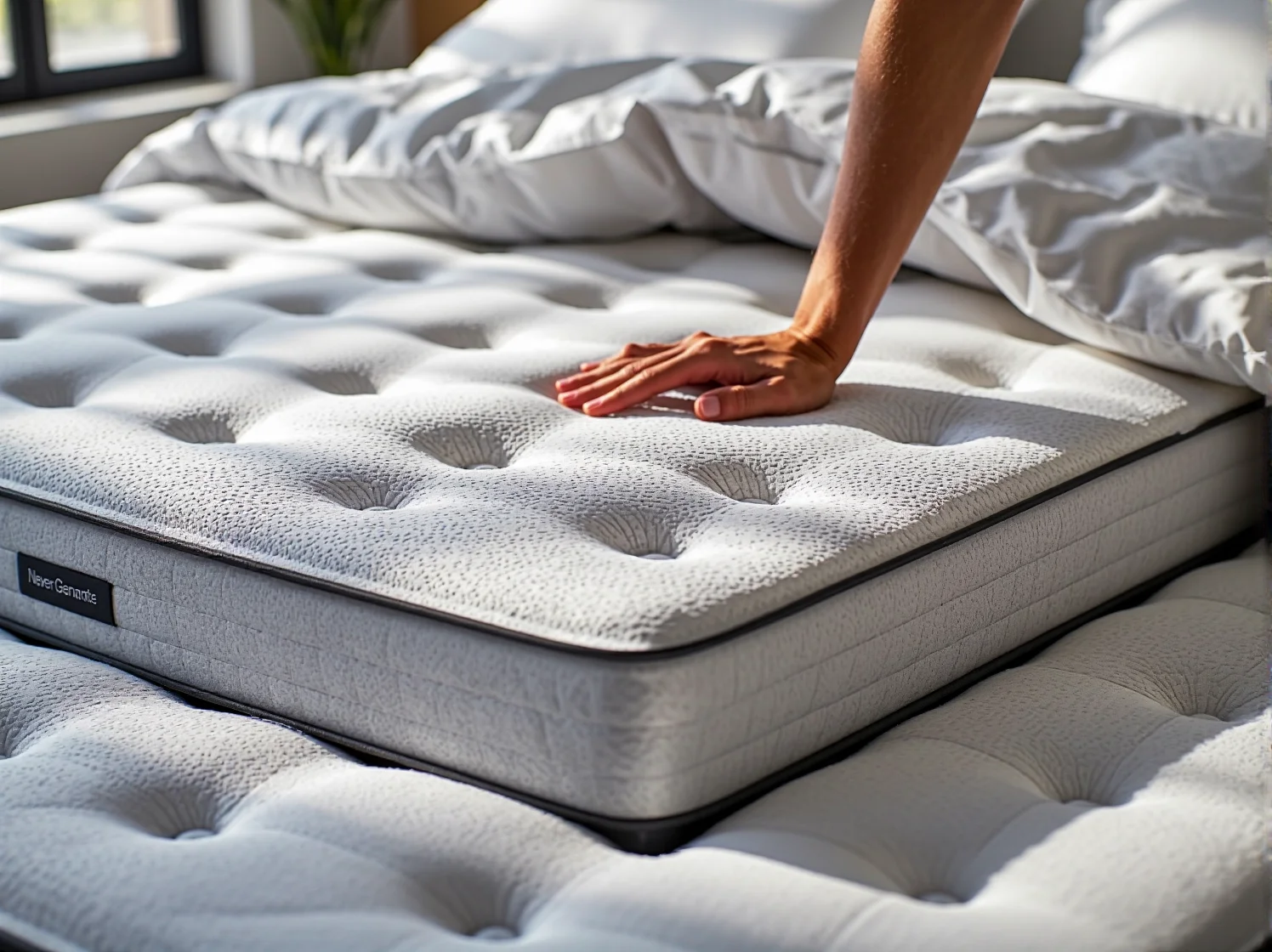 Zbliżenie na strukturę pianki termoelastycznej w materacu, która idealnie dopasowuje się do ciała.