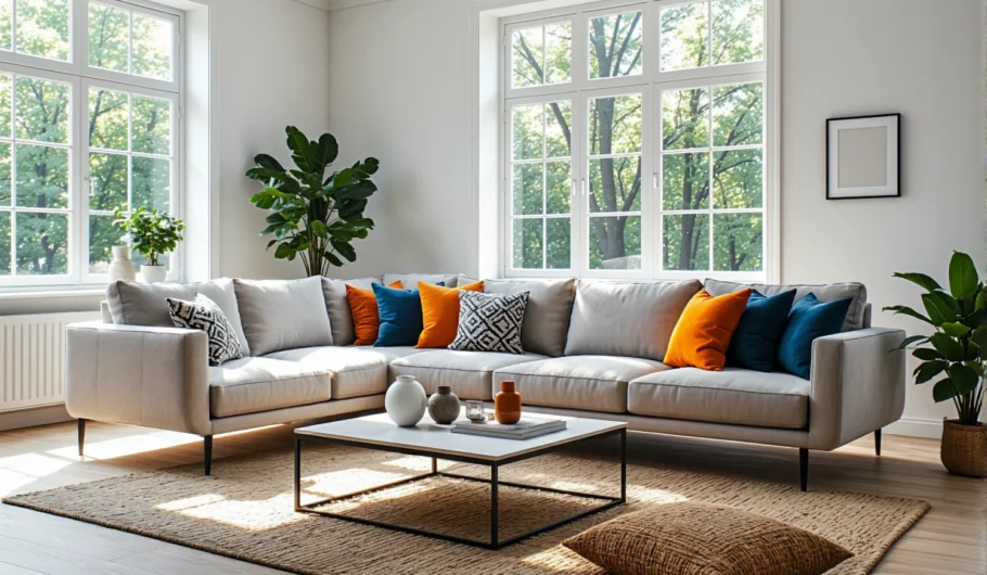 Narożnik tapicerowany szary z kolorowymi poduszkami dekoracyjnymi