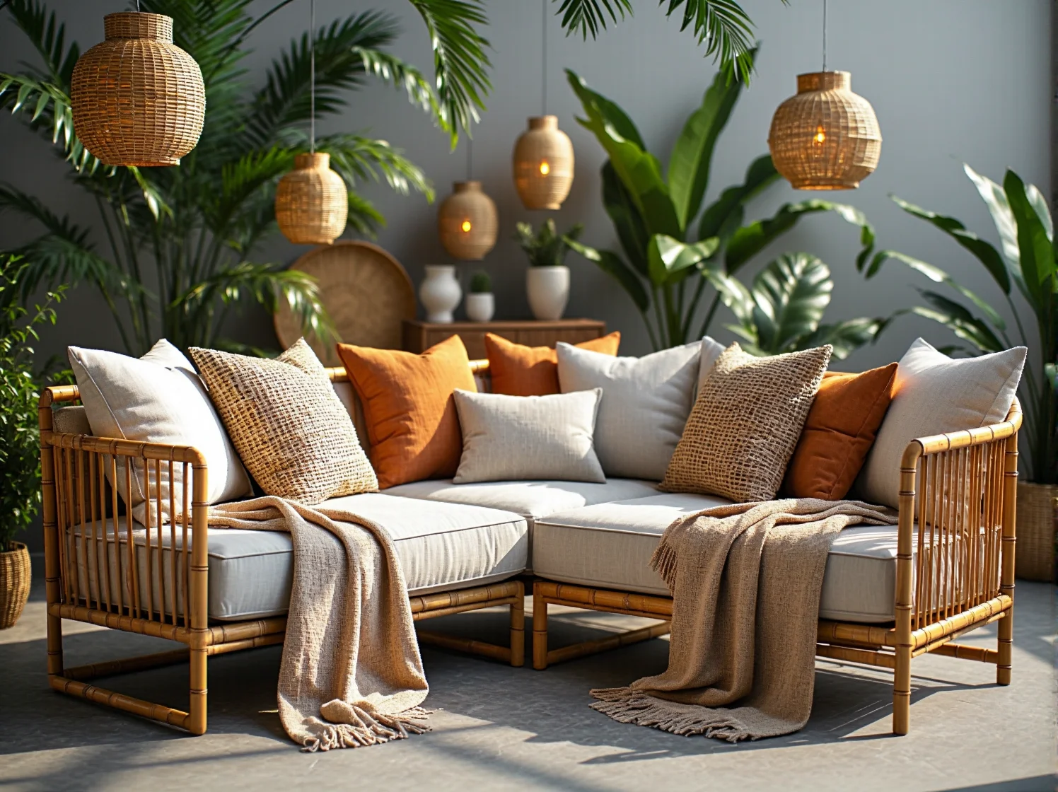 Wygodna sofa bambusowa na tarasie – dowiedz się, jak dbać o meble ogrodowe z bambusa.