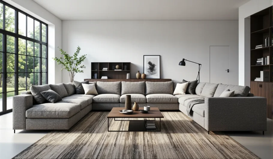 Szary narożnik modułowy tapicerowany z miękkimi poduszkami oparcia