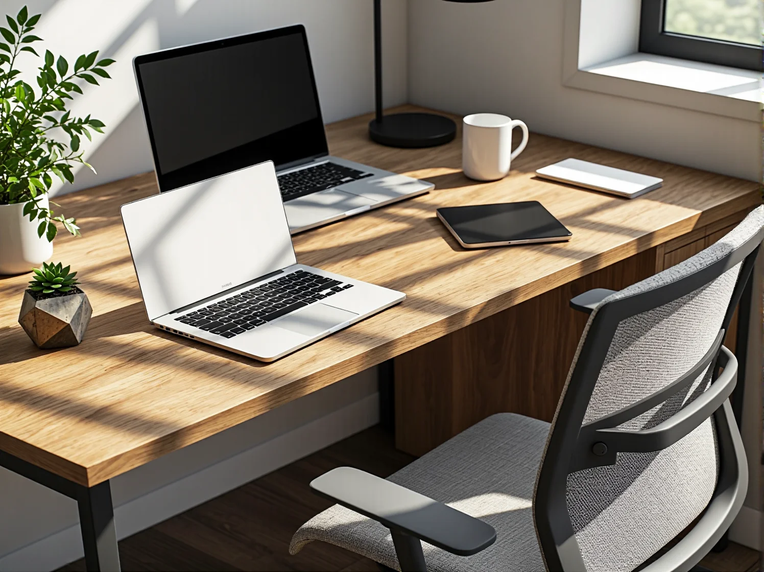 Funkcjonalne biurko narożne dla gracza i pracownika biurowego w niewielkim pokoju gościnnym.