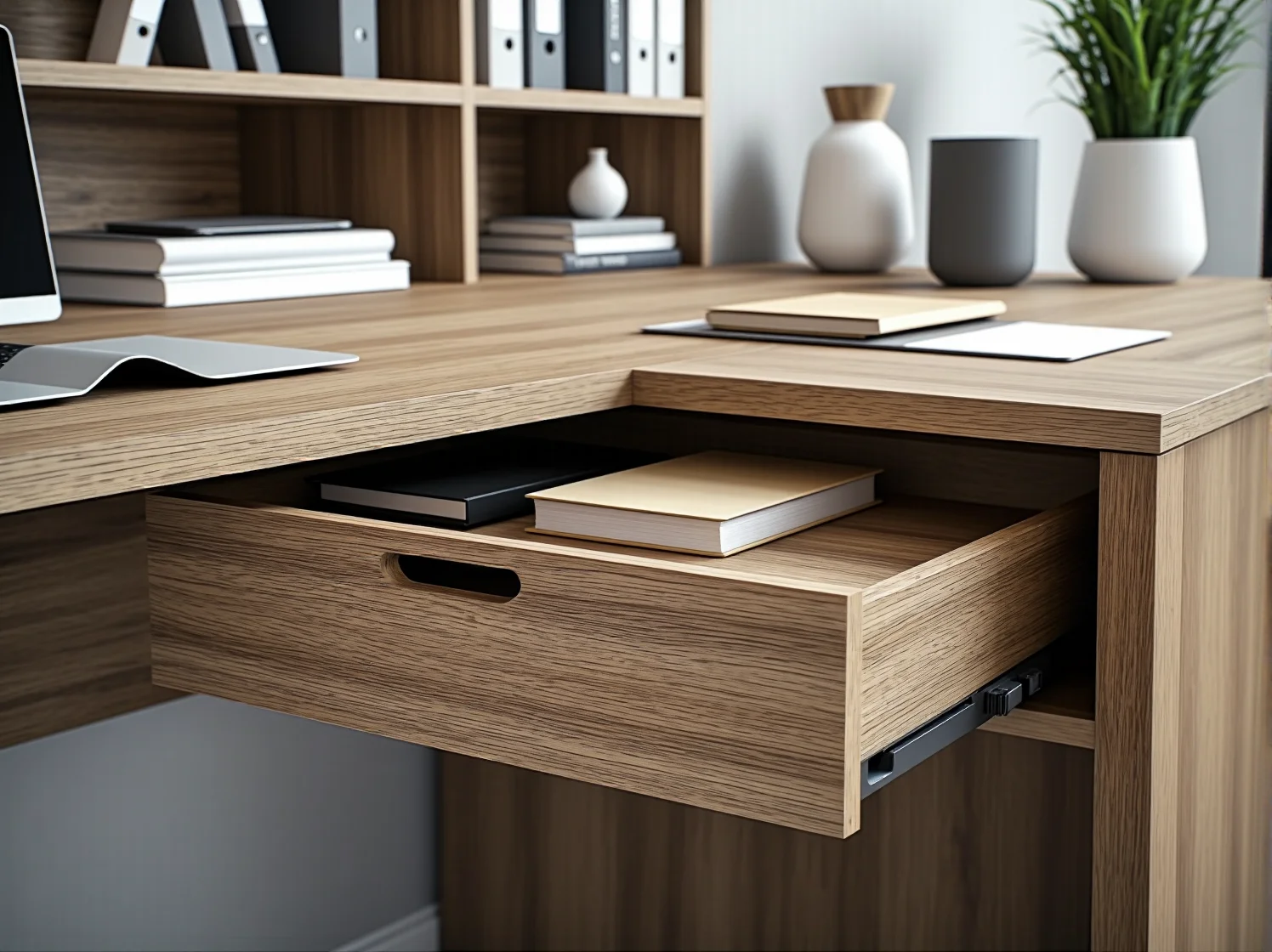 Praktyczne szuflady w biurku ułatwiające organizację dokumentów i akcesoriów biurowych.