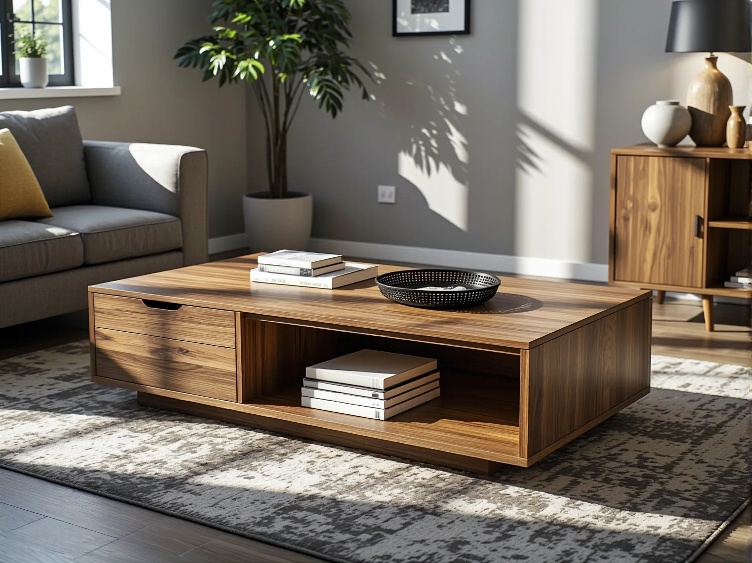 Praktyczny stolik do salonu z podnoszonym blatem, odsłaniający pojemny schowek na drobiazgi.