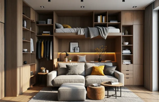 Zabudowa meblowa dąb z antresolą do spania i garderobą