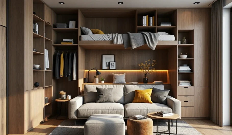 Zabudowa meblowa dąb z antresolą do spania i garderobą