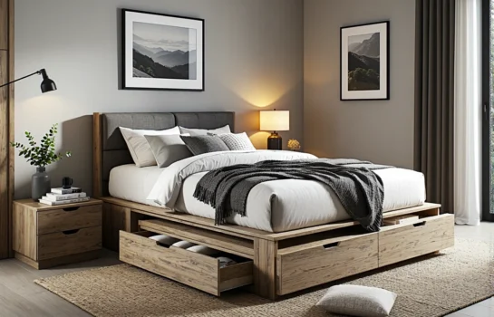 Łóżko dąb craft z szufladami i tapicerowanym zagłówkiem szarym