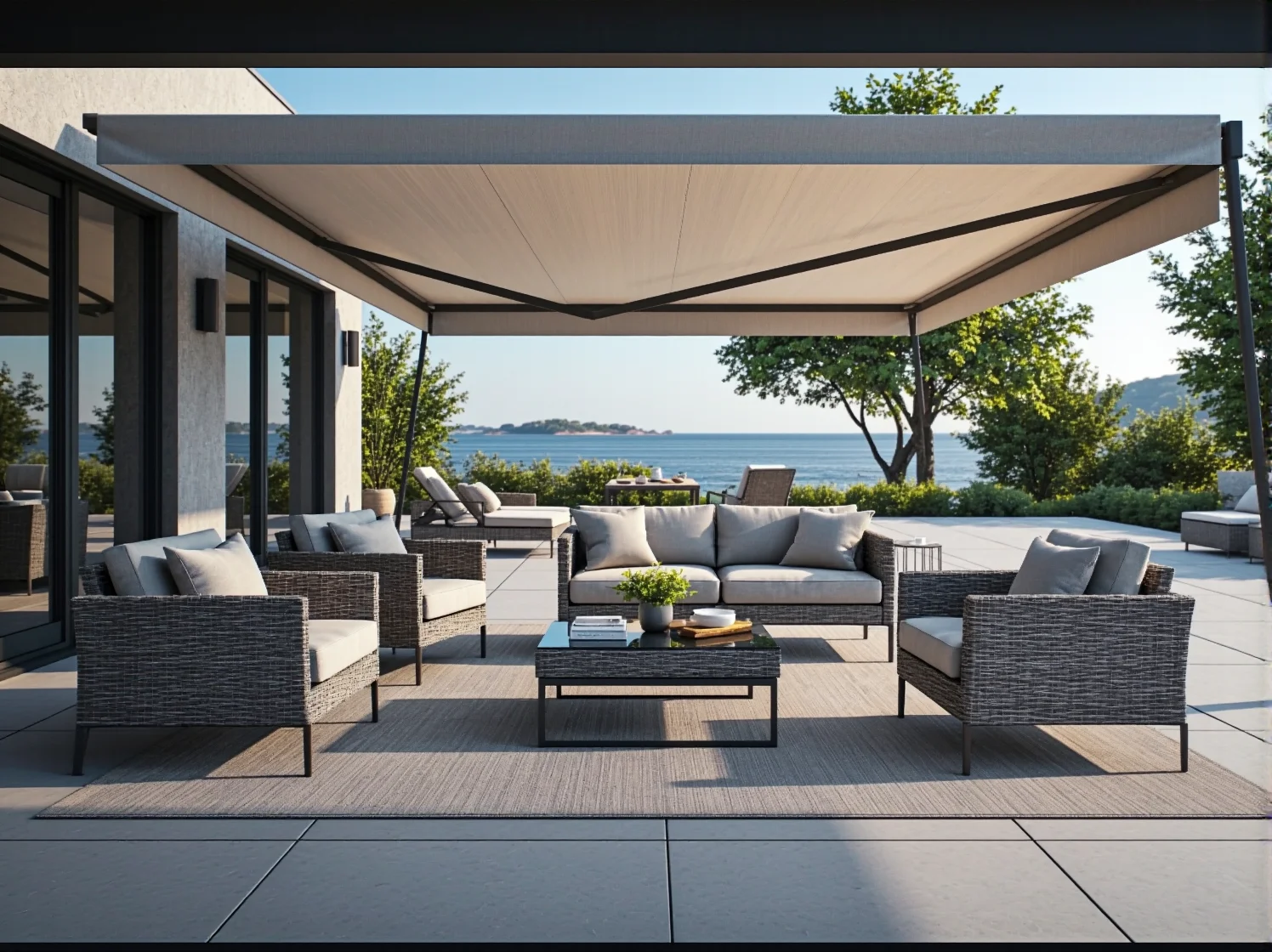 Punktowe oświetlenie tarasu LED akcentujące panoramę wody i linię brzegową.