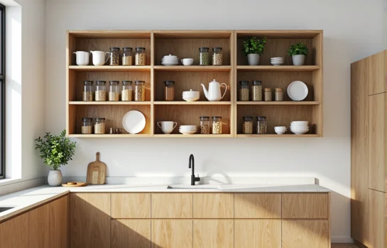 Wiszący regał kuchenny dąb naturalny z trzema półkami otwarty