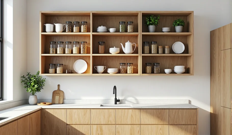 Wiszący regał kuchenny dąb naturalny z trzema półkami otwarty