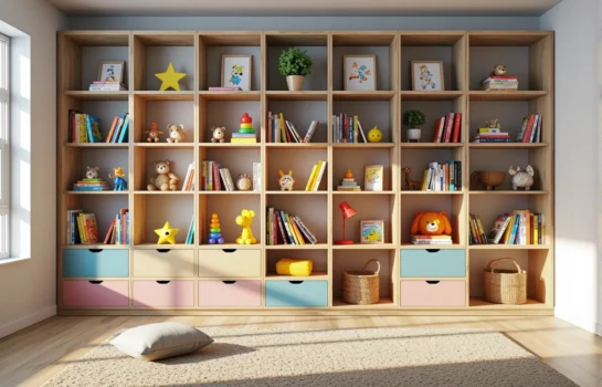 Regał na książki dla dzieci dąb z kolorowymi szufladami
