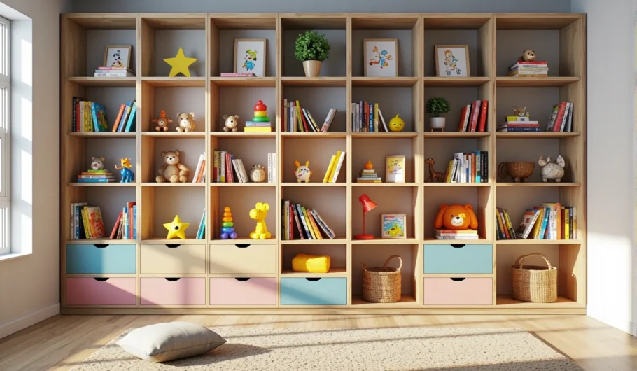 Regał na książki dla dzieci dąb z kolorowymi szufladami