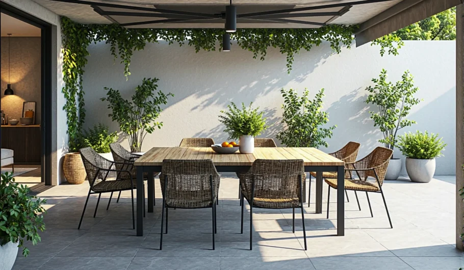 Drewniany stół ogrodowy jadalniany z rattanowymi krzesłami na metalowych nogach