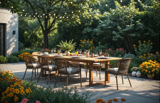 Zestaw mebli ogrodowych drewniany stół z rattanowymi krzesłami