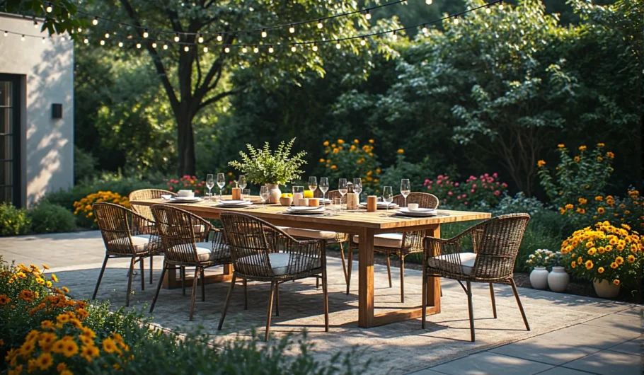 Zestaw mebli ogrodowych drewniany stół z rattanowymi krzesłami