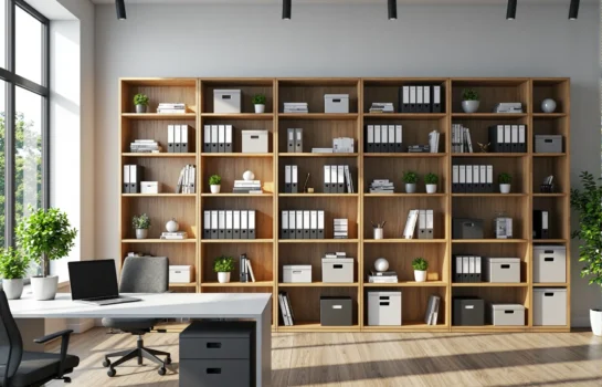 Regały biurowe dąb craft z otwartymi półkami na segregatory