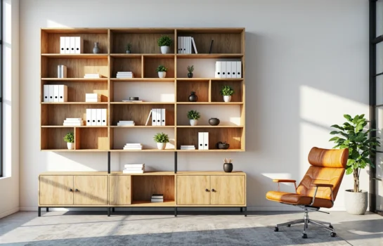 Regał biurowy dąb craft z otwartymi półkami i szafkami dolnymi