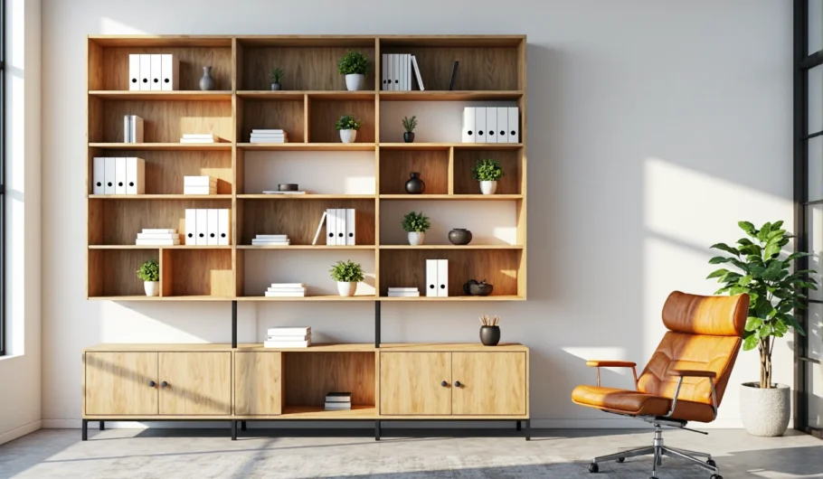 Regał biurowy dąb craft z otwartymi półkami i szafkami dolnymi