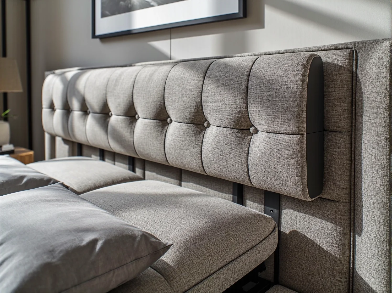 Zbliżenie na mechanizm regulacji twardości w łóżku kontynentalnym, personalizacja komfortu na wyciągnięcie ręki.