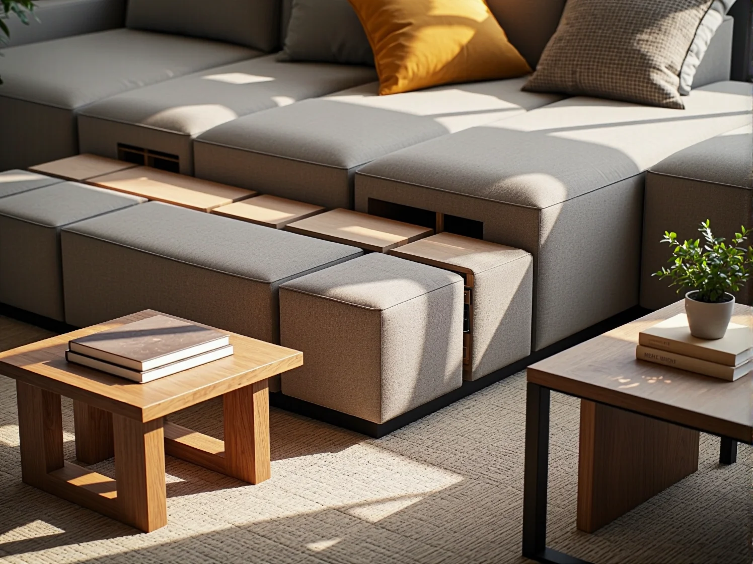 Dwie osoby rekonfigurują układ narożnika modułowego, pokazując jego wielozadaniowość i elastyczność.