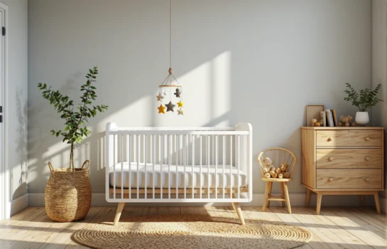 Białe łóżeczko dziecięce drewniane na sosnowych nóżkach