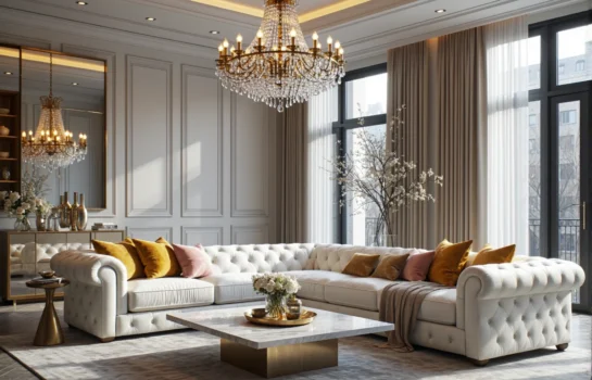 Elegancka biała sofa narożna Chesterfield z pikowanym oparciem