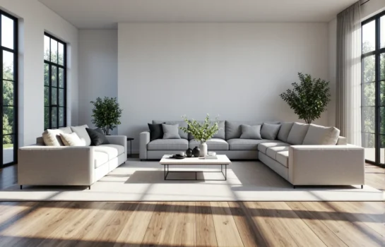 Szary narożnik modułowy z sofą w minimalistycznym stylu