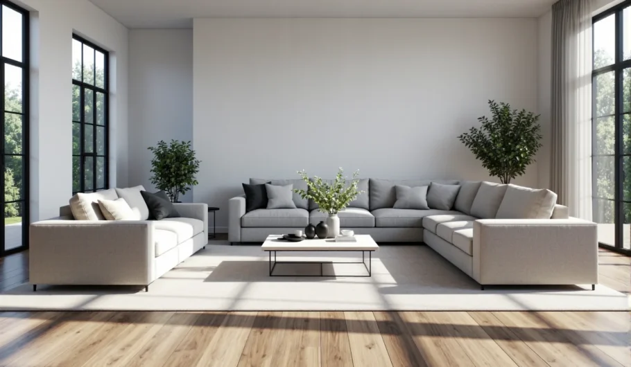 Szary narożnik modułowy z sofą w minimalistycznym stylu