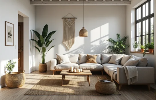 Narożna sofa beżowa z drewnianymi nóżkami i poduszkami dekoracyjnymi