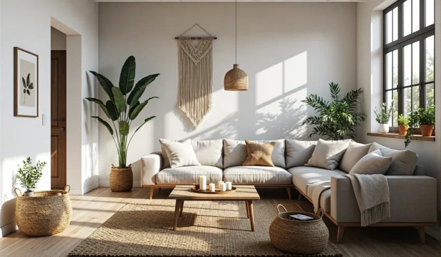 Narożna sofa beżowa z drewnianymi nóżkami i poduszkami dekoracyjnymi