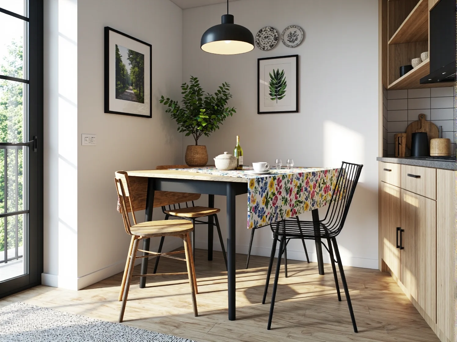 Nowoczesny stół składany w wąskiej kuchni, najlepsze rozwiązanie do bardzo ograniczonej przestrzeni.