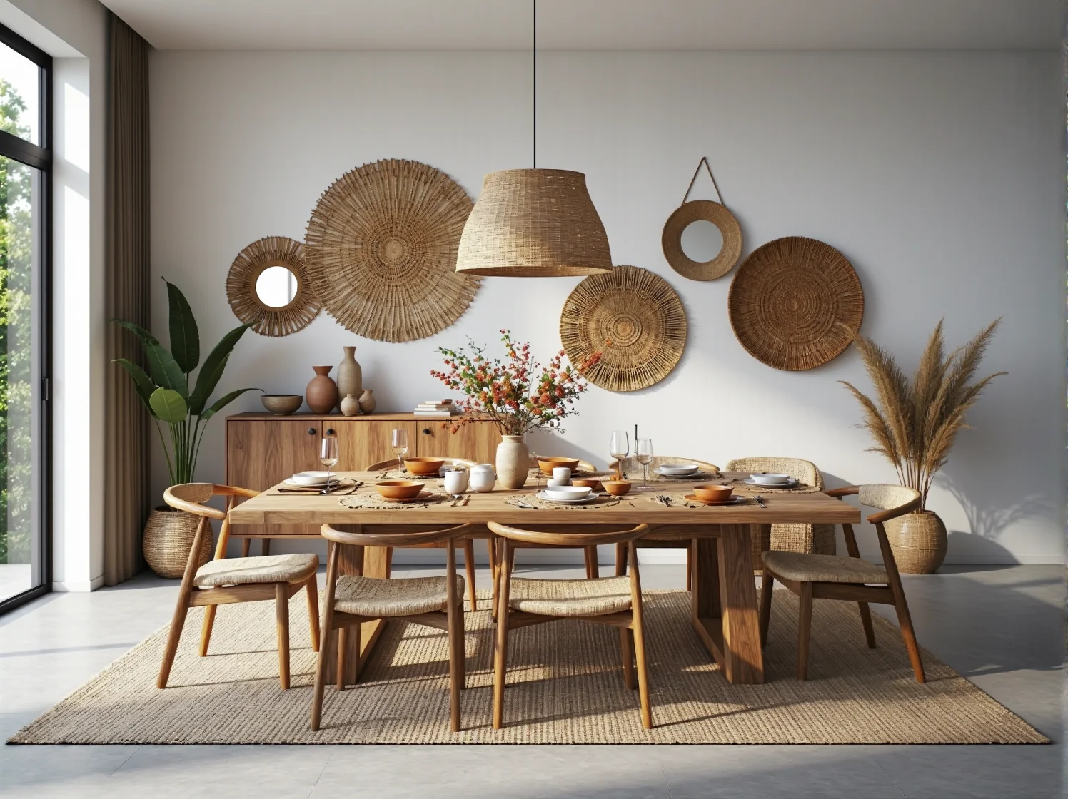 Aranżacja salonu boho z dużą sofą narożną, pufami i dywanem. Inspiracje do przytulnego wnętrza.