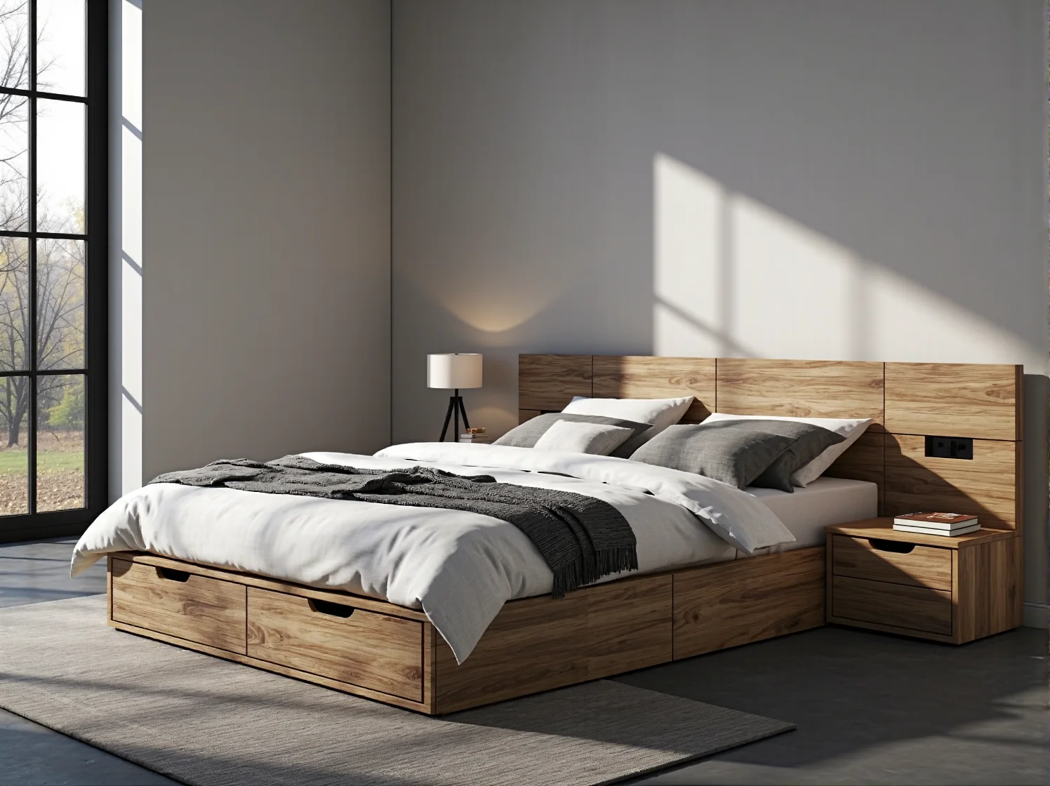 Zestaw stolików kawowych o konstrukcji modułowej w surowym, minimalistycznym wnętrzu.