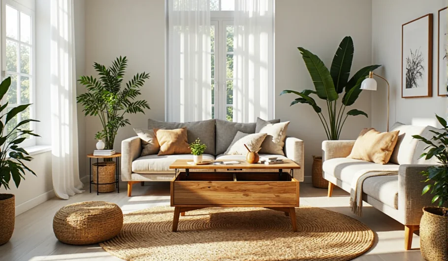 Stolik kawowy dębowy z podnoszonym blatem i schowkiem