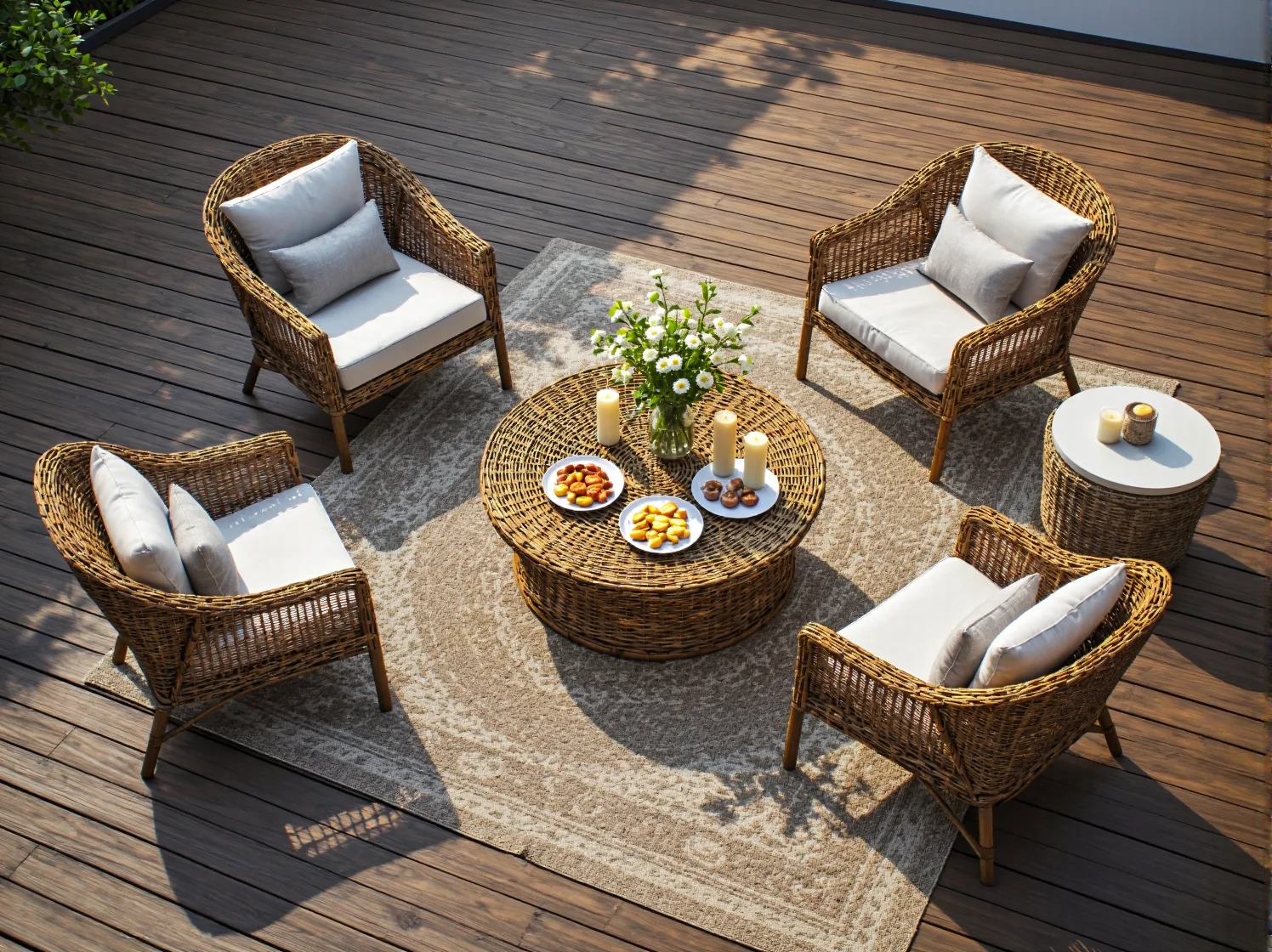 Stylowe meble ogrodowe na tarasie, w tle przyjęcie plenerowe z przyjaciółmi i rodziną.