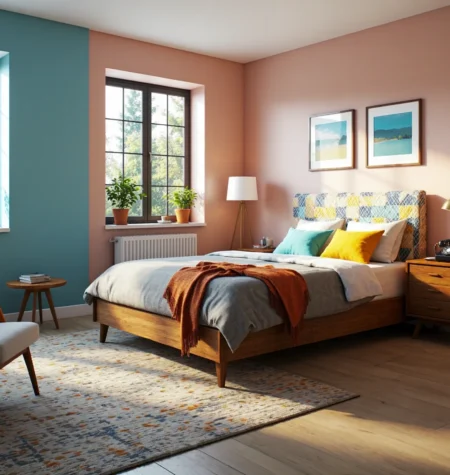 Łóżko drewniane retro z tapicerowanym zagłówkiem i szafką nocną