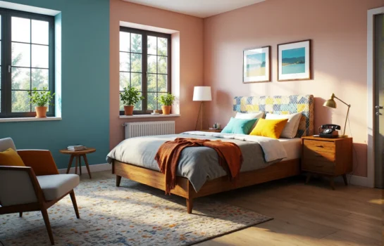 Łóżko drewniane retro z tapicerowanym zagłówkiem i szafką nocną