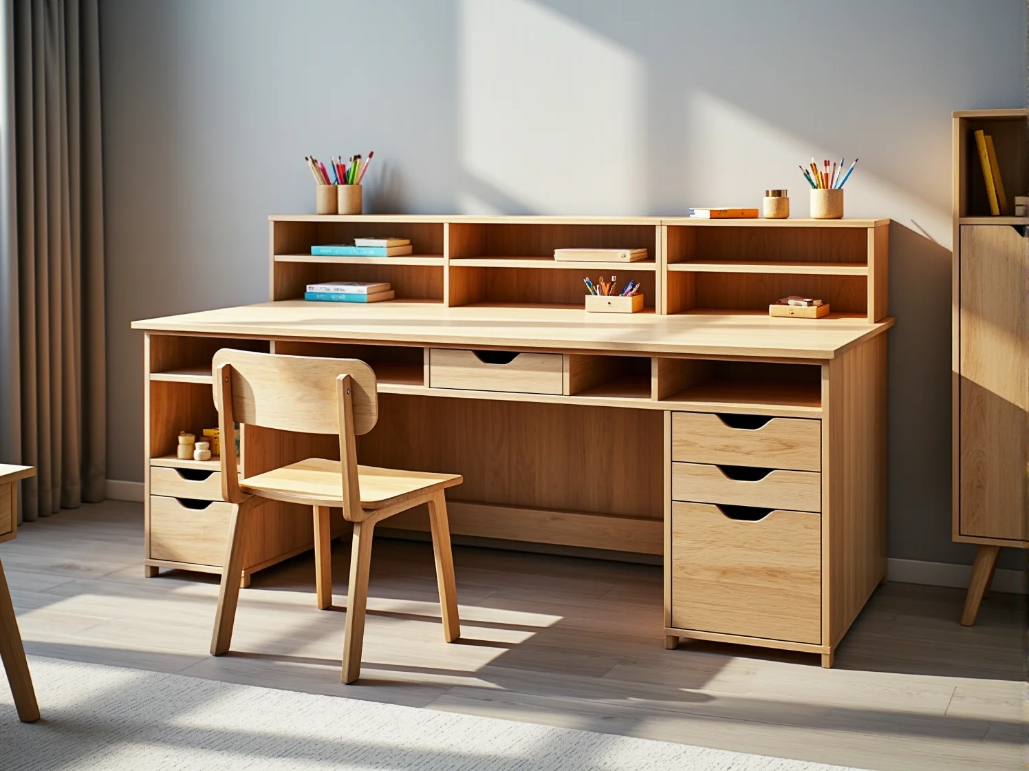 Kolorowy system mebli modułowych do pokoju dziecka ułatwiający organizację i przechowywanie zabawek oraz ubrań.