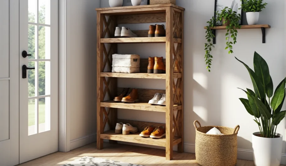Drewniana szafka na buty z pięcioma półkami w stylu rustykalnym