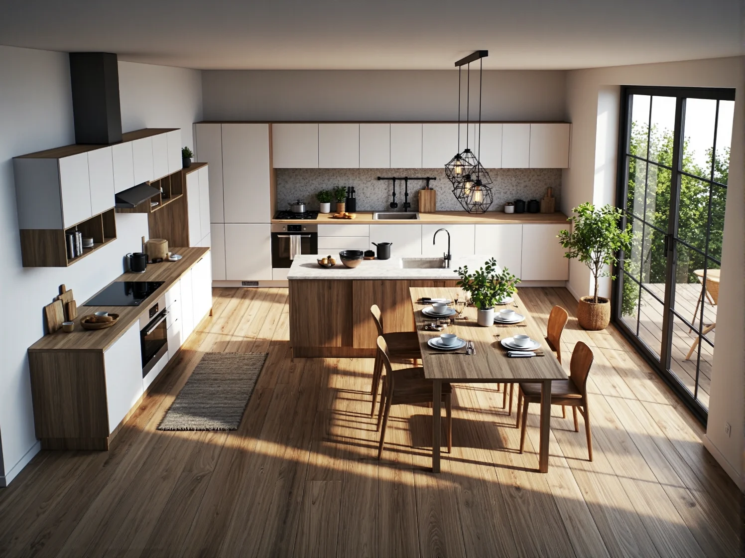 Szklane lampy wiszące nad wyspą kuchenną w przytulnym stylu skandynawskim.