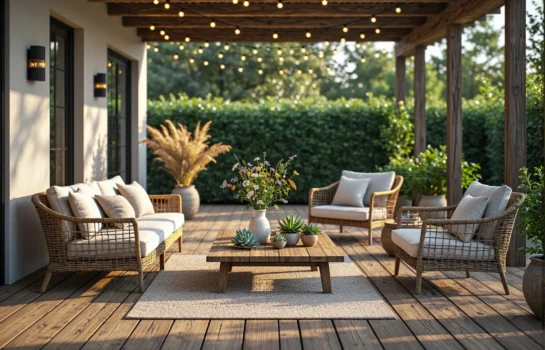 Zestaw mebli ogrodowych rattanowych z drewnianym stolikiem kawowym