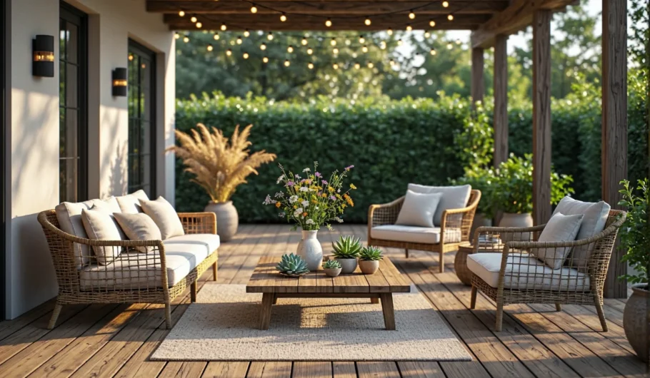 Zestaw mebli ogrodowych rattanowych z drewnianym stolikiem kawowym