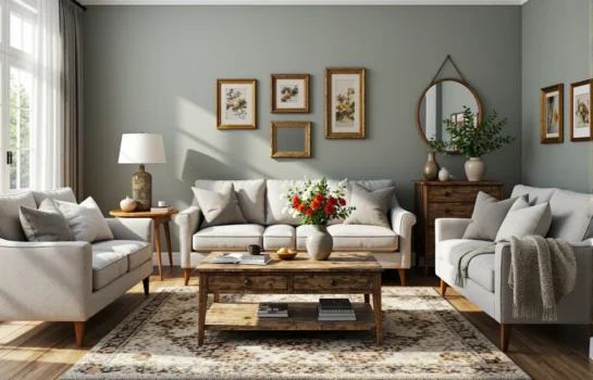 Drewniany stolik kawowy vintage z szufladami w odcieniu orzecha