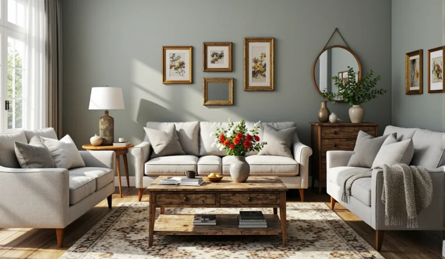 Drewniany stolik kawowy vintage z szufladami w odcieniu orzecha