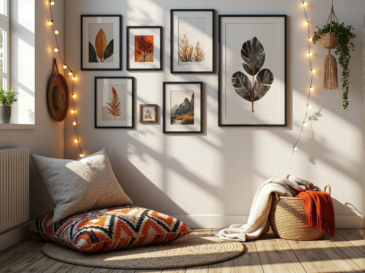 Zbliżenie na fakturę beżowej tkaniny obiciowej sofy w stylu boho. Widoczne grube sploty materiału.