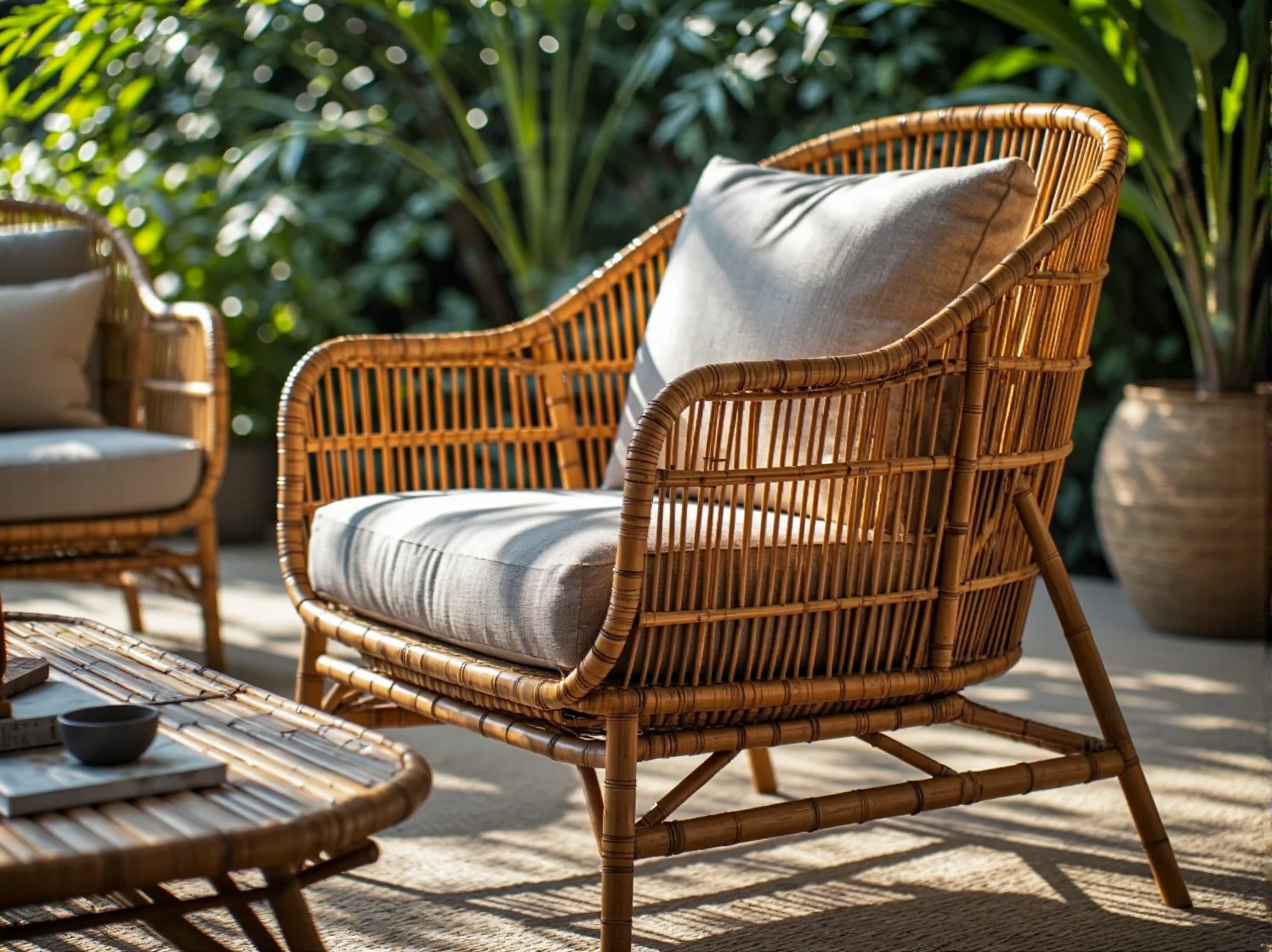 Zbliżenie na naturalny splot mebli bambusowych, które są trwałe i odporne na warunki pogodowe.