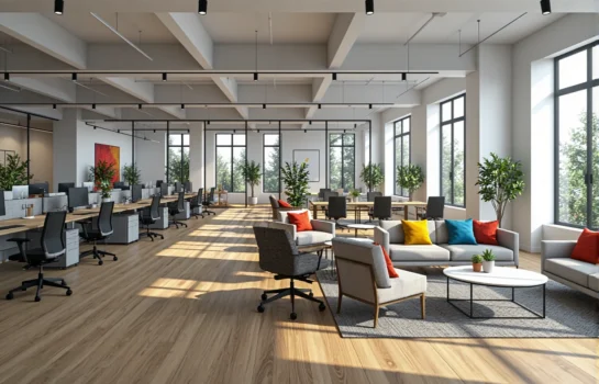 Meble coworkingowe biurka dąb z białymi kontenerami i szara strefa wypoczynkowa