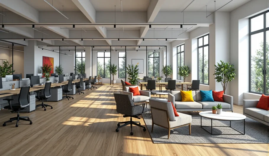 Meble coworkingowe biurka dąb z białymi kontenerami i szara strefa wypoczynkowa