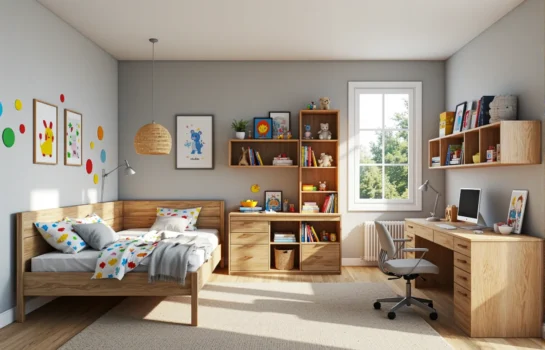 Zestaw mebli dziecięcych dąb naturalny z łóżkiem biurkiem i regałem